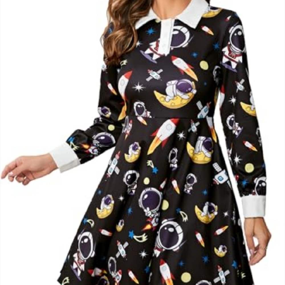 Phixworld Astronaut Space Print Long Sleeve Dress Vintage Halloween Teacher Sz S